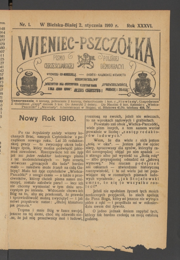 Wieniec-Pszcz&oacute;łka&nbsp;: pismo polskiej chrześcijańskiej demokracyi. Rok&nbsp;36, 1910, numer&nbsp;1
