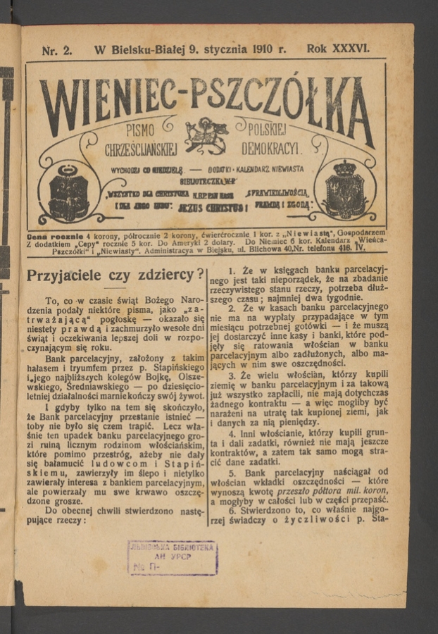 Wieniec-Pszcz&oacute;łka&nbsp;: pismo polskiej chrześcijańskiej demokracyi. Rok&nbsp;36, 1910, numer&nbsp;2