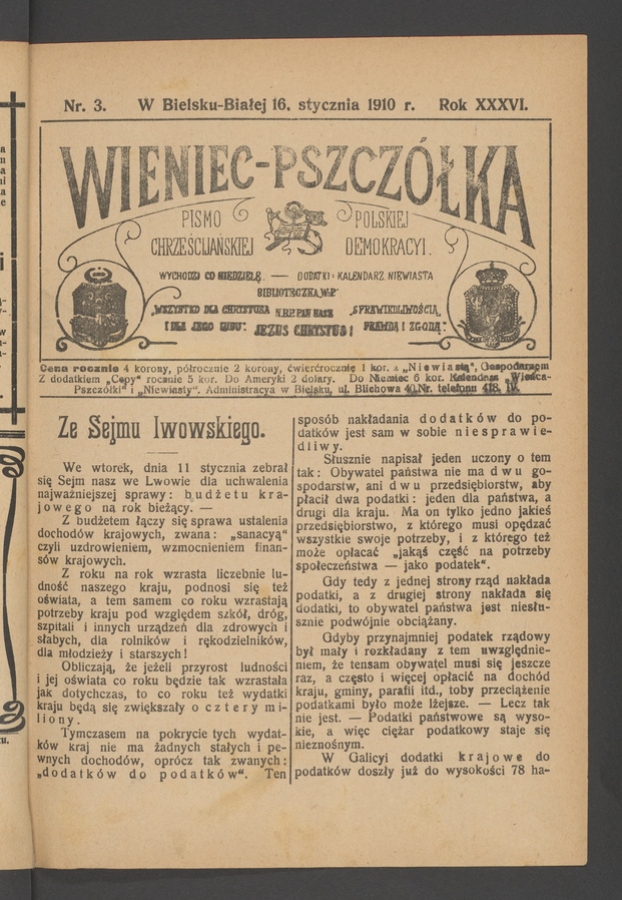 Wieniec-Pszcz&oacute;łka&nbsp;: pismo polskiej chrześcijańskiej demokracyi. Rok&nbsp;36, 1910, numer&nbsp;3