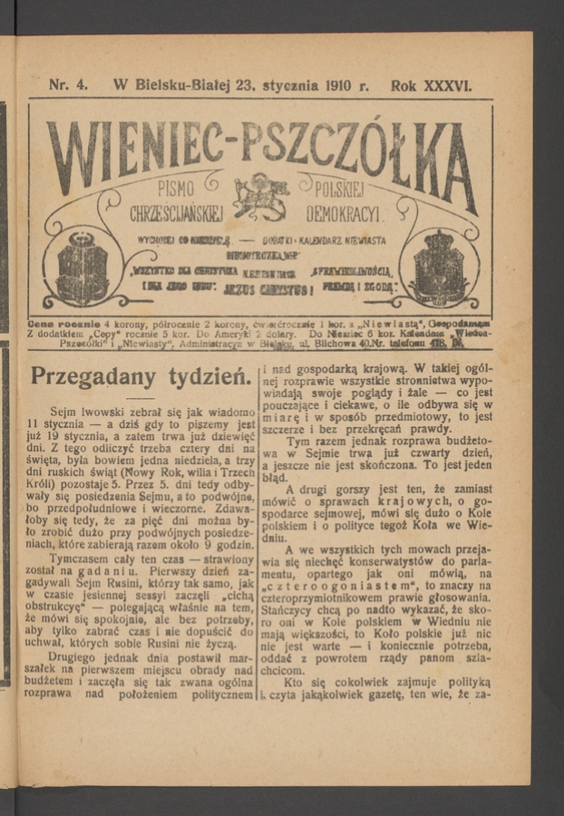 Wieniec-Pszcz&oacute;łka&nbsp;: pismo polskiej chrześcijańskiej demokracyi. Rok&nbsp;36, 1910, numer&nbsp;4