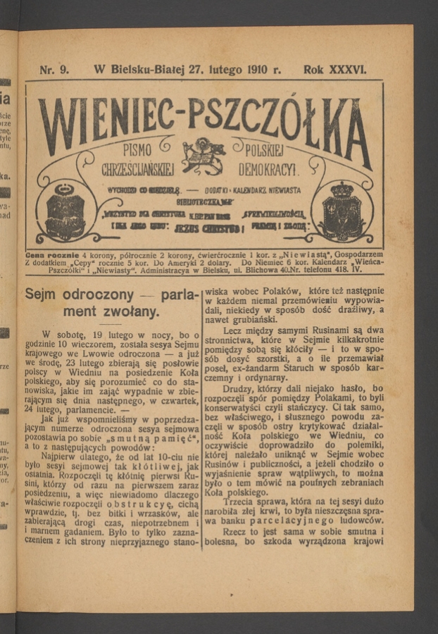 Wieniec-Pszcz&oacute;łka&nbsp;: pismo polskiej chrześcijańskiej demokracyi. Rok&nbsp;36, 1910, numer&nbsp;9
