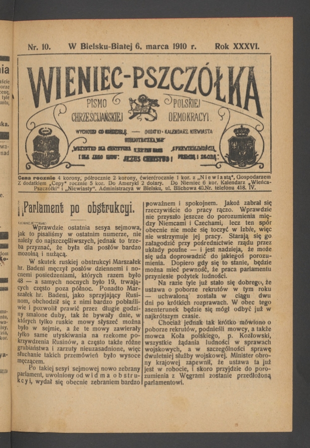 Wieniec-Pszcz&oacute;łka&nbsp;: pismo polskiej chrześcijańskiej demokracyi. Rok&nbsp;36, 1910, numer&nbsp;10