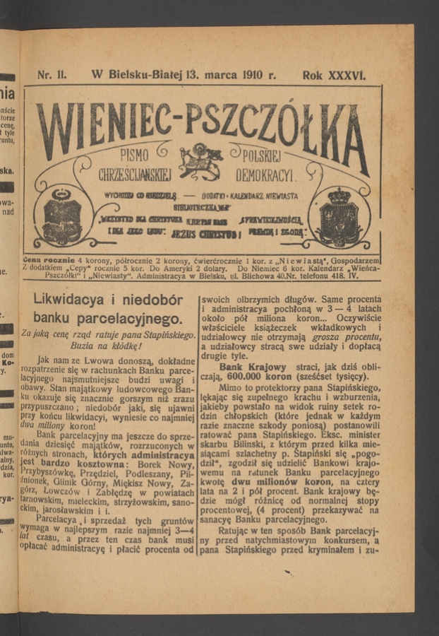 Wieniec-Pszcz&oacute;łka&nbsp;: pismo polskiej chrześcijańskiej demokracyi. Rok&nbsp;36, 1910, numer&nbsp;11