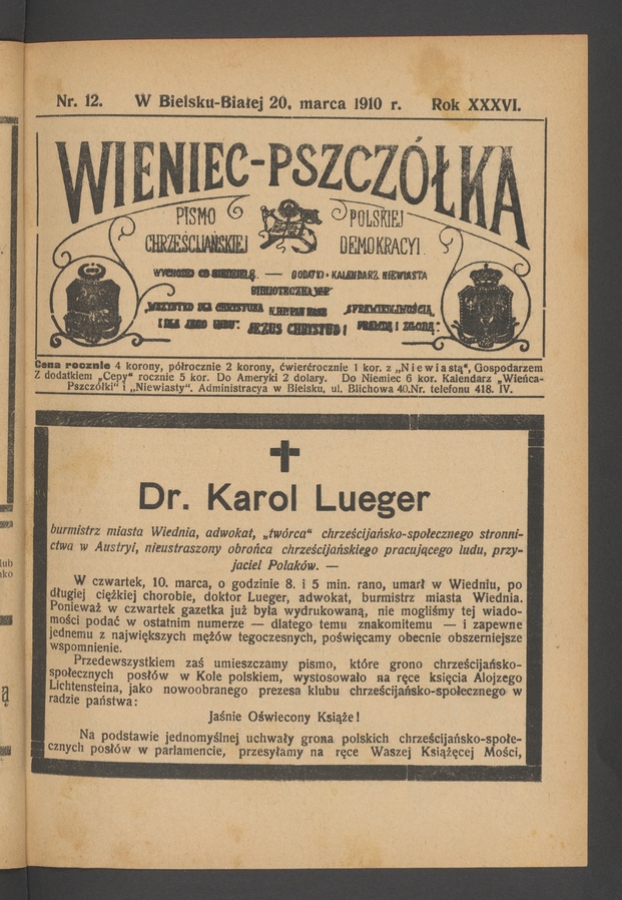 Wieniec-Pszcz&oacute;łka&nbsp;: pismo polskiej chrześcijańskiej demokracyi. Rok&nbsp;36, 1910, numer&nbsp;12
