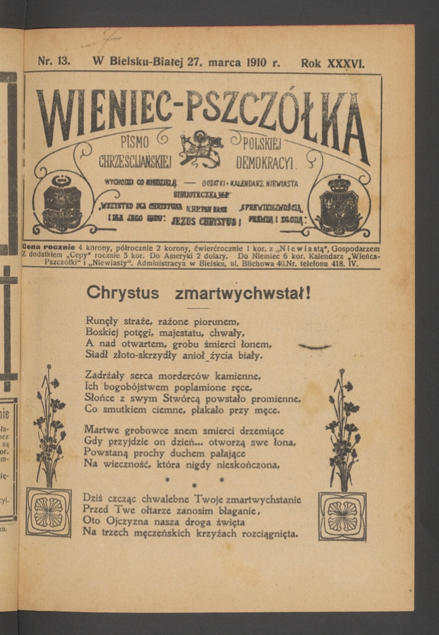 Wieniec-Pszcz&oacute;łka&nbsp;: pismo polskiej chrześcijańskiej demokracyi. Rok&nbsp;36, 1910, numer&nbsp;13