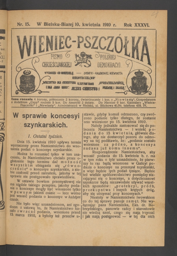 Wieniec-Pszcz&oacute;łka&nbsp;: pismo polskiej chrześcijańskiej demokracyi. Rok&nbsp;36, 1910, numer&nbsp;15