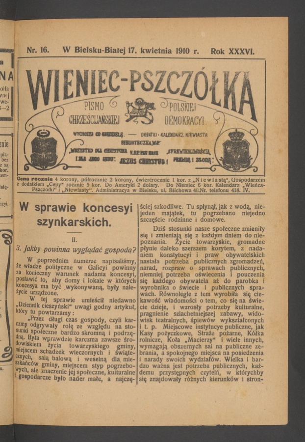 Wieniec-Pszcz&oacute;łka&nbsp;: pismo polskiej chrześcijańskiej demokracyi. Rok&nbsp;36, 1910, numer&nbsp;16