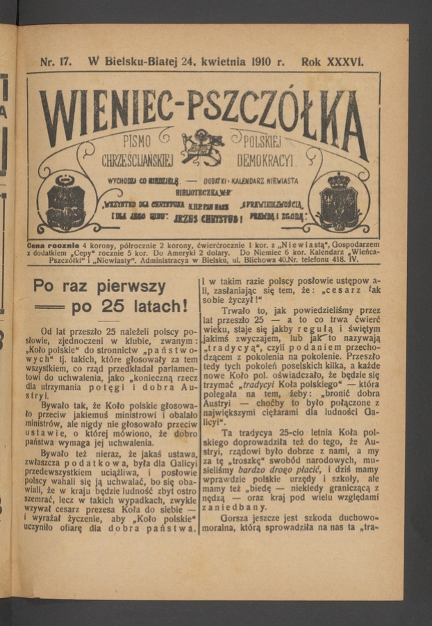 Wieniec-Pszcz&oacute;łka&nbsp;: pismo polskiej chrześcijańskiej demokracyi. Rok&nbsp;36, 1910, numer&nbsp;17