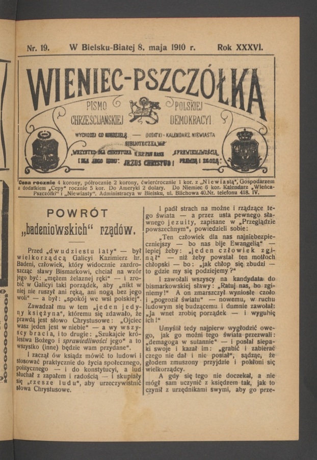 Wieniec-Pszcz&oacute;łka&nbsp;: pismo polskiej chrześcijańskiej demokracyi. Rok&nbsp;36, 1910, numer&nbsp;19