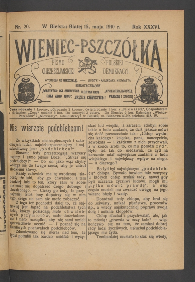 Wieniec-Pszcz&oacute;łka&nbsp;: pismo polskiej chrześcijańskiej demokracyi. Rok&nbsp;36, 1910, numer&nbsp;20