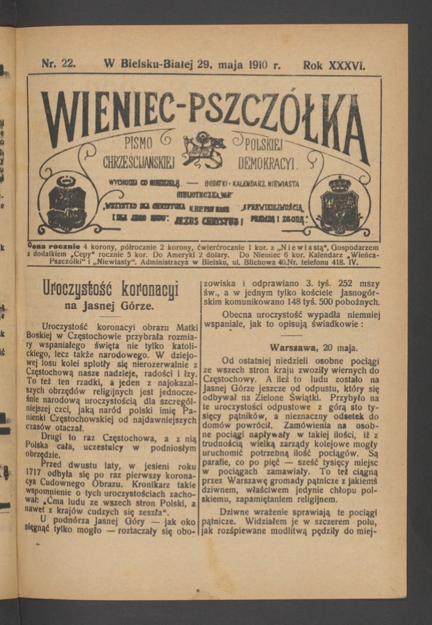 Wieniec-Pszcz&oacute;łka&nbsp;: pismo polskiej chrześcijańskiej demokracyi. Rok&nbsp;36, 1910, numer&nbsp;22