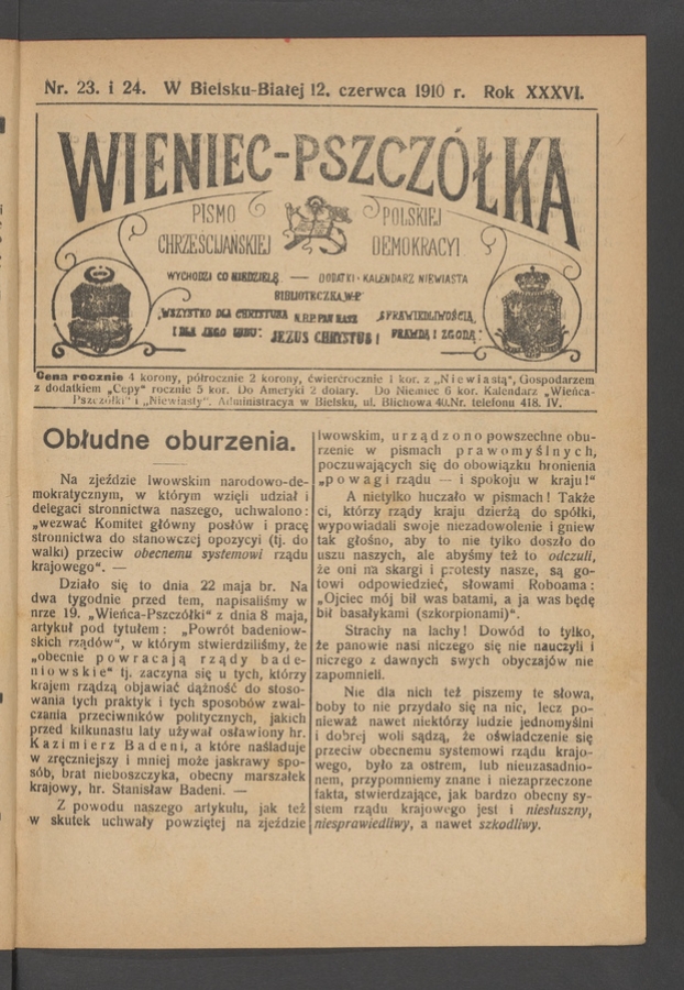 Wieniec-Pszcz&oacute;łka&nbsp;: pismo polskiej chrześcijańskiej demokracyi. Rok&nbsp;36, 1910, numer&nbsp;23-24