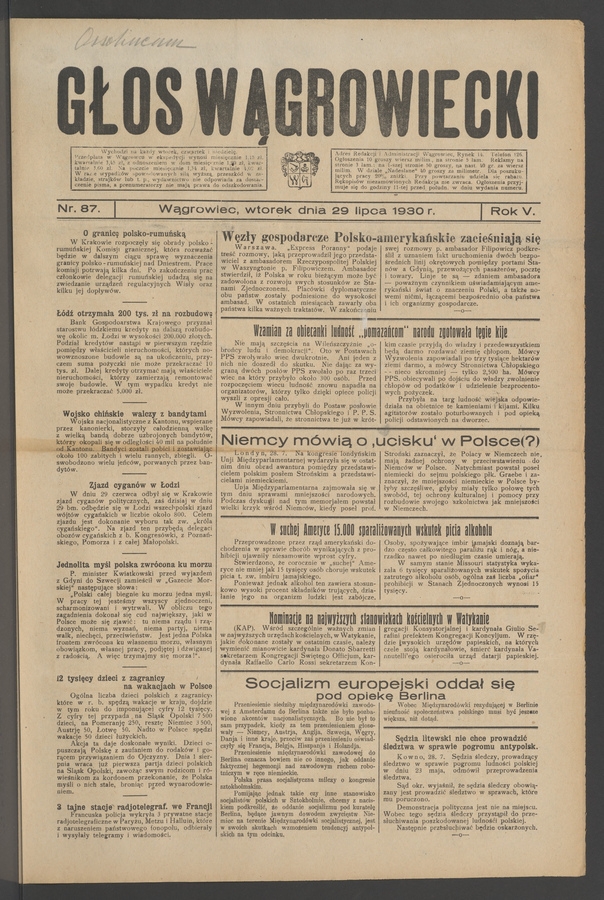 Głos Wągrowiecki. Rok&nbsp;5, 1930, numer&nbsp;87