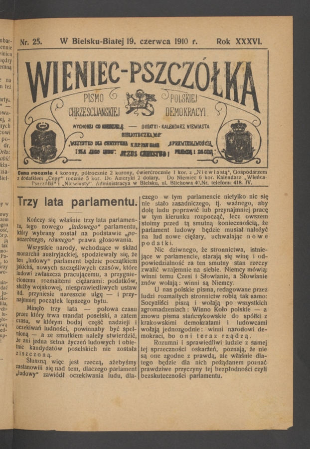 Wieniec-Pszcz&oacute;łka&nbsp;: pismo polskiej chrześcijańskiej demokracyi. Rok&nbsp;36, 1910, numer&nbsp;25