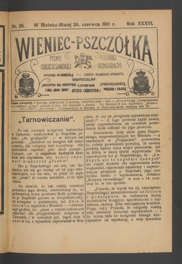 Wieniec-Pszcz&oacute;łka&nbsp;: pismo polskiej chrześcijańskiej demokracyi. Rok&nbsp;36, 1910, numer&nbsp;26