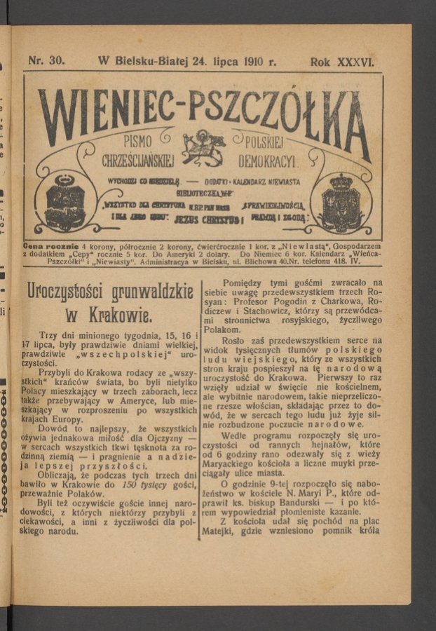Wieniec-Pszcz&oacute;łka&nbsp;: pismo polskiej chrześcijańskiej demokracyi. Rok&nbsp;36, 1910, numer&nbsp;30