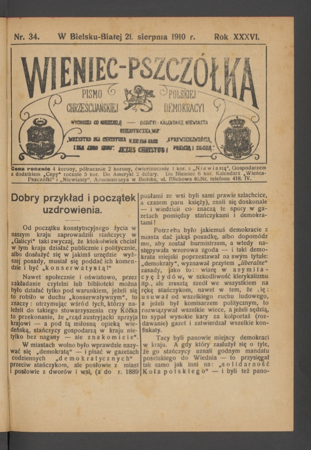 Wieniec-Pszcz&oacute;łka&nbsp;: pismo polskiej chrześcijańskiej demokracyi. Rok&nbsp;36, 1910, numer&nbsp;34