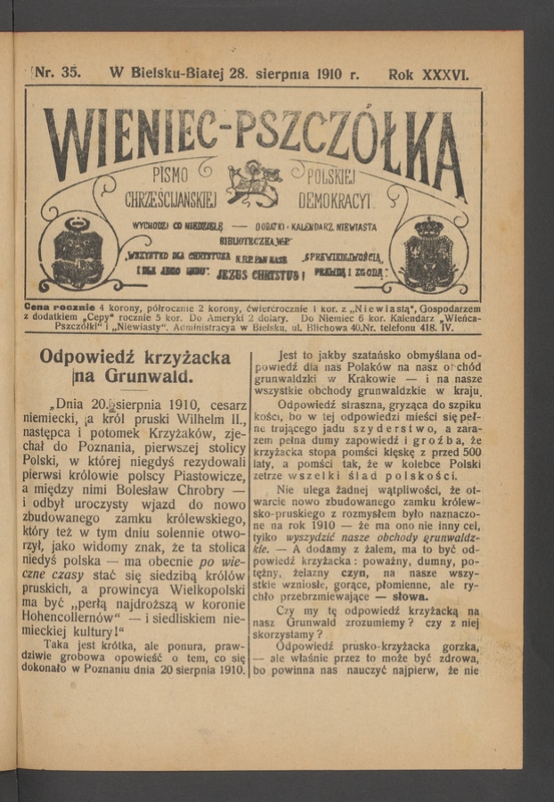 Wieniec-Pszcz&oacute;łka&nbsp;: pismo polskiej chrześcijańskiej demokracyi. Rok&nbsp;36, 1910, numer&nbsp;35