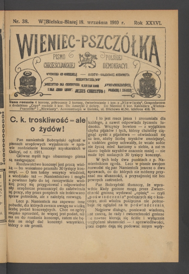 Wieniec-Pszcz&oacute;łka&nbsp;: pismo polskiej chrześcijańskiej demokracyi. Rok&nbsp;36, 1910, numer&nbsp;38