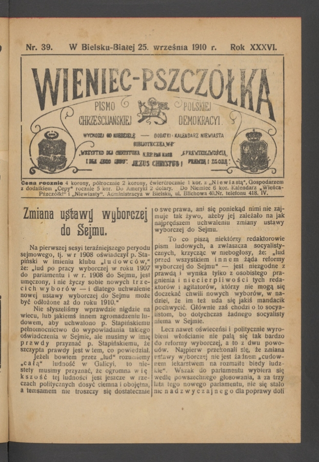 Wieniec-Pszcz&oacute;łka&nbsp;: pismo polskiej chrześcijańskiej demokracyi. Rok&nbsp;36, 1910, numer&nbsp;39