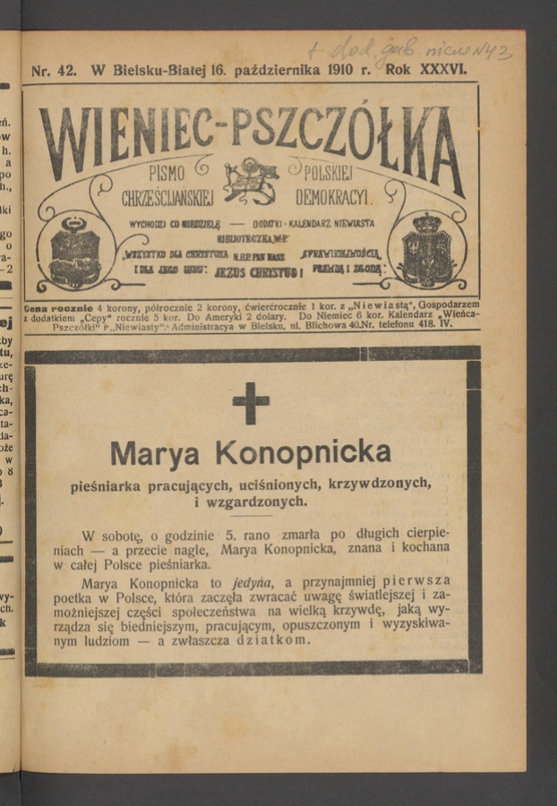 Wieniec-Pszcz&oacute;łka&nbsp;: pismo polskiej chrześcijańskiej demokracyi. Rok&nbsp;36, 1910, numer&nbsp;42