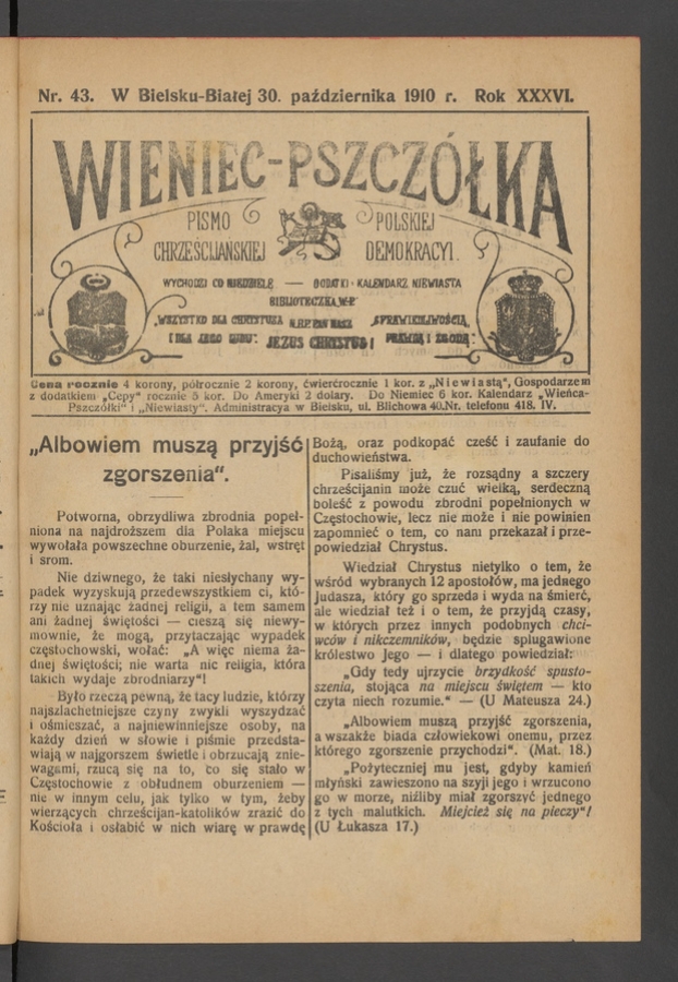 Wieniec-Pszcz&oacute;łka&nbsp;: pismo polskiej chrześcijańskiej demokracyi. Rok&nbsp;36, 1910, numer&nbsp;43