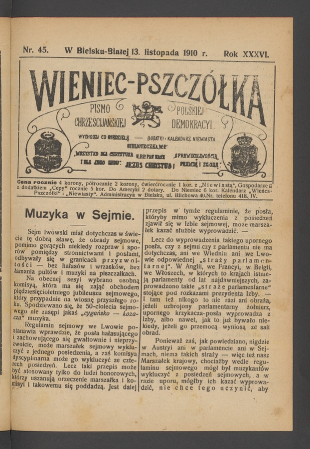 Wieniec-Pszcz&oacute;łka&nbsp;: pismo polskiej chrześcijańskiej demokracyi. Rok&nbsp;36, 1910, numer&nbsp;45