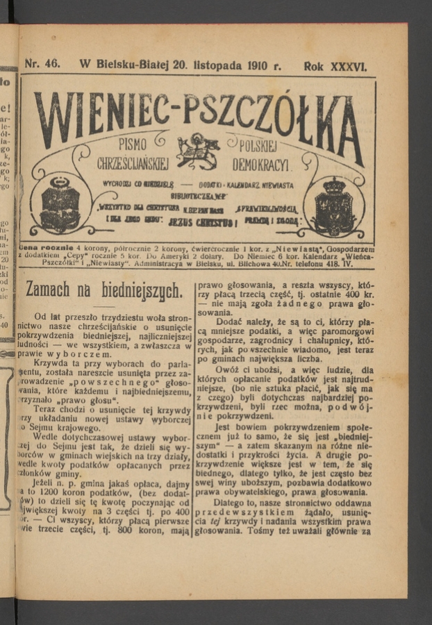 Wieniec-Pszcz&oacute;łka&nbsp;: pismo polskiej chrześcijańskiej demokracyi. Rok&nbsp;36, 1910, numer&nbsp;46