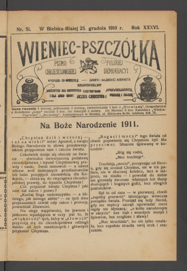 Wieniec-Pszcz&oacute;łka&nbsp;: pismo polskiej chrześcijańskiej demokracyi. Rok&nbsp;36, 1910, numer&nbsp;51
