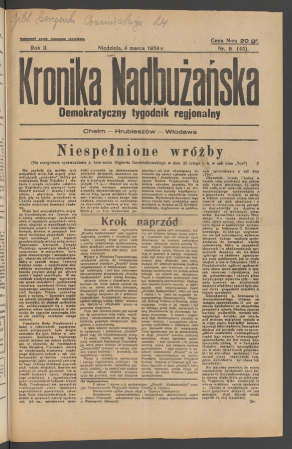 Kronika Nadbużańska&nbsp;: demokratyczny tygodnik regjonalny. Rok&nbsp;2, 1934, numer&nbsp;9
