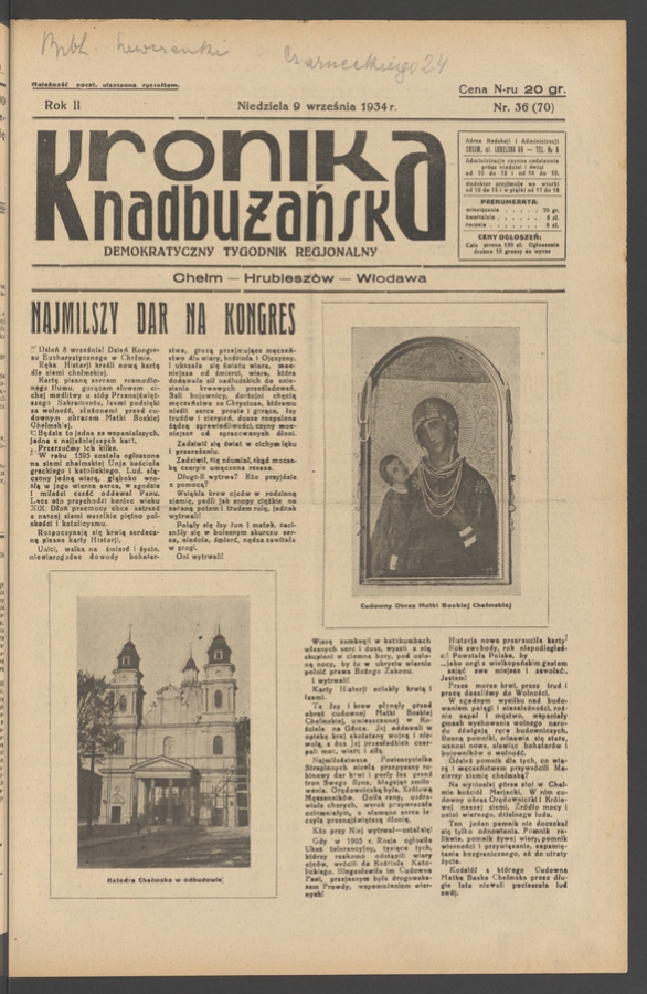 Kronika Nadbużańska&nbsp;: demokratyczny tygodnik regjonalny. Rok&nbsp;2, 1934, numer&nbsp;36