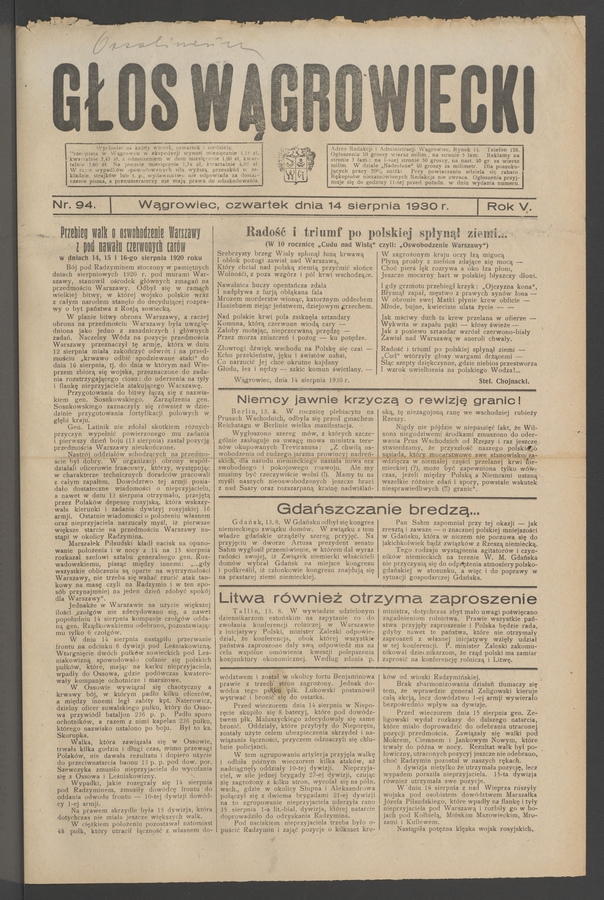 Głos Wągrowiecki. Rok&nbsp;5, 1930, numer&nbsp;94