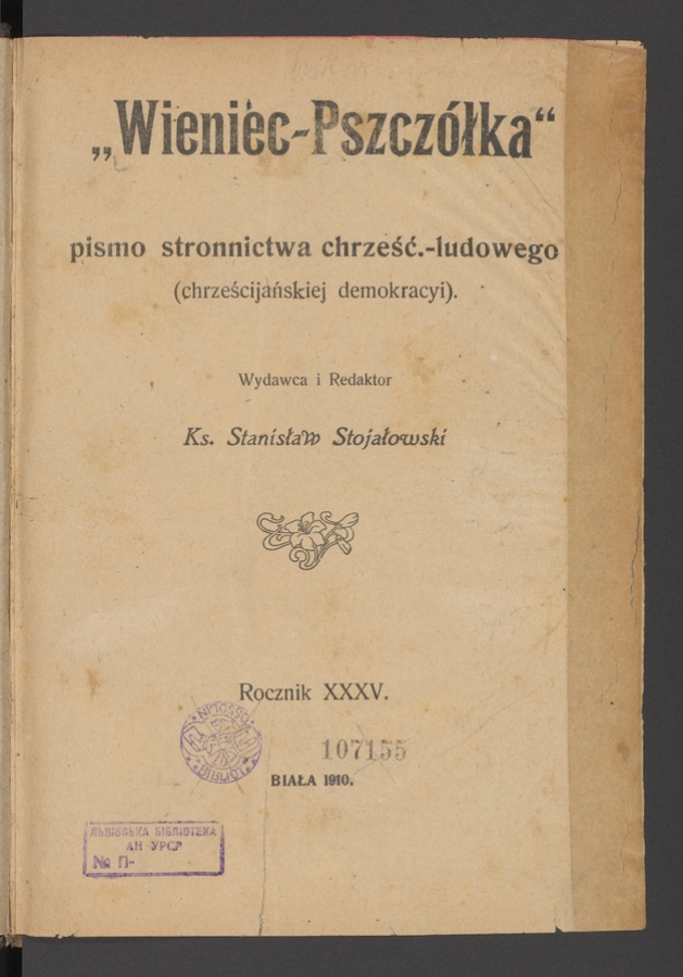 Wieniec-Pszczółka : pismo polskiej chrześcijańskiej demokracyi. Rok 35, 1909, spis treści 