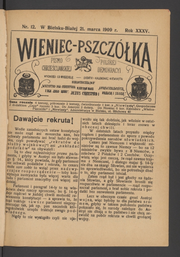 Wieniec-Pszcz&oacute;łka&nbsp;: pismo polskiej chrześcijańskiej demokracyi. Rok&nbsp;35, 1909, numer&nbsp;12