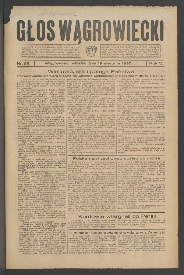 Głos Wągrowiecki. Rok&nbsp;5, 1930, numer&nbsp;96