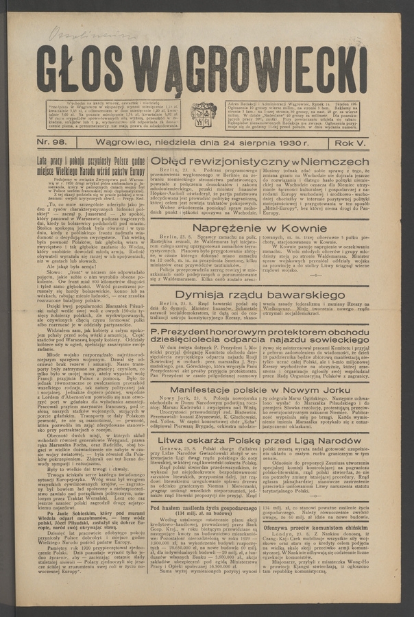 Głos Wągrowiecki. Rok&nbsp;5, 1930, numer&nbsp;98