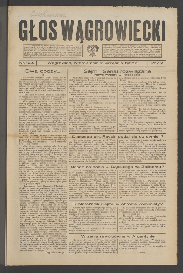 Głos Wągrowiecki. Rok&nbsp;5, 1930, numer&nbsp;102