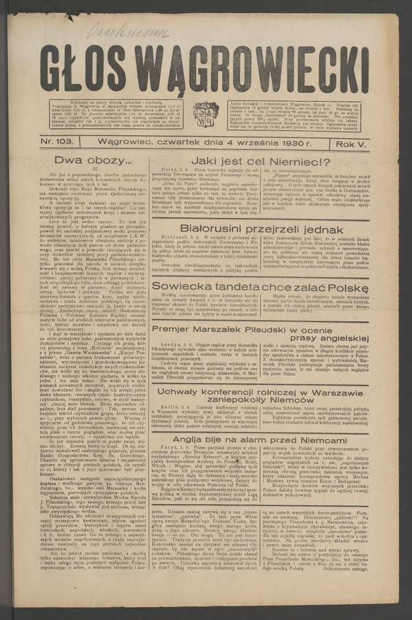 Głos Wągrowiecki. Rok&nbsp;5, 1930, numer&nbsp;103