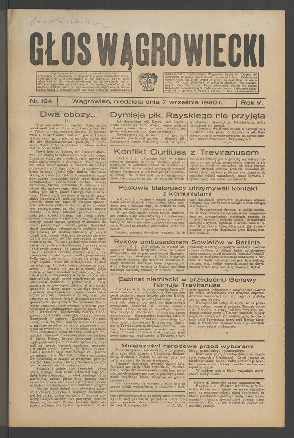 Głos Wągrowiecki. Rok&nbsp;5, 1930, numer&nbsp;104