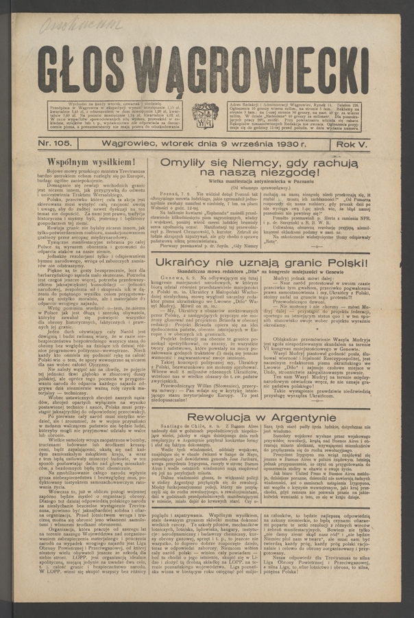 Głos Wągrowiecki. Rok&nbsp;5, 1930, numer&nbsp;105