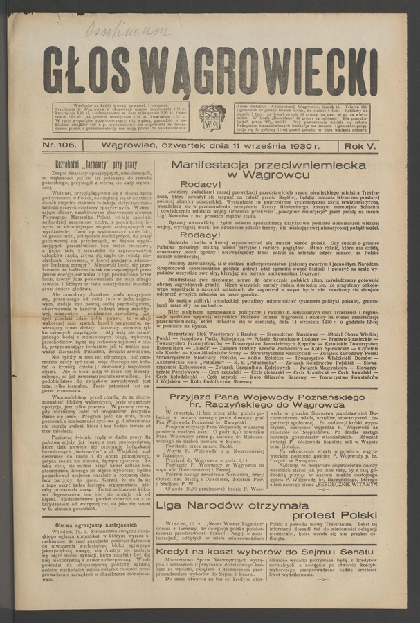 Głos Wągrowiecki. Rok&nbsp;5, 1930, numer&nbsp;106