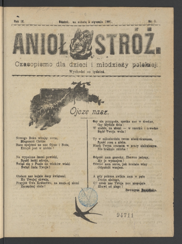 Anioł Str&oacute;ż&nbsp;: czasopismo dla&nbsp;dzieci i&nbsp;młodzieży polskiej. Rok 9, 1901, numer&nbsp;1