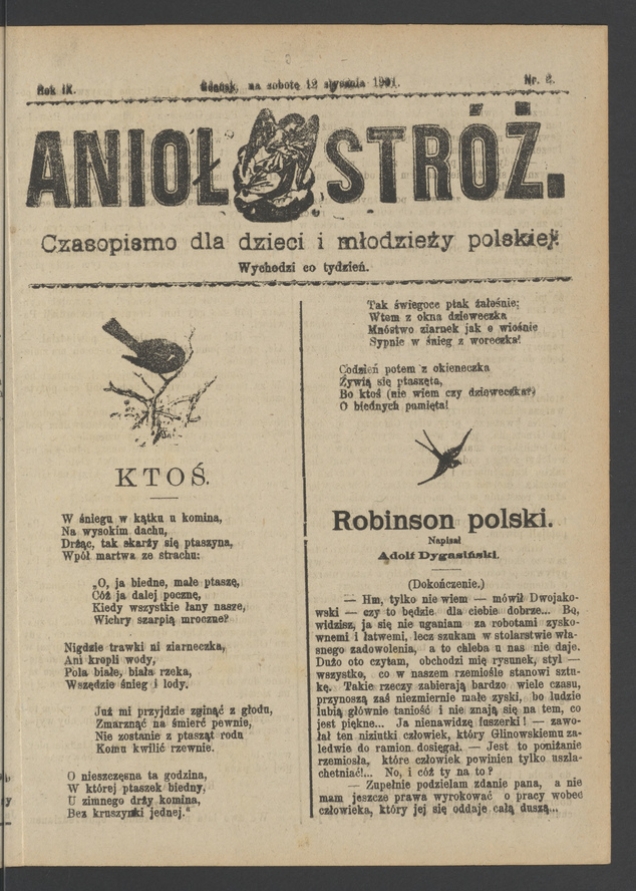 Anioł Str&oacute;ż&nbsp;: czasopismo dla&nbsp;dzieci i&nbsp;młodzieży polskiej. Rok 9, 1901, numer&nbsp;2