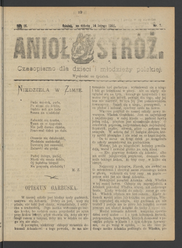 Anioł Str&oacute;ż&nbsp;: czasopismo dla&nbsp;dzieci i&nbsp;młodzieży polskiej. Rok 9, 1901, numer&nbsp;7