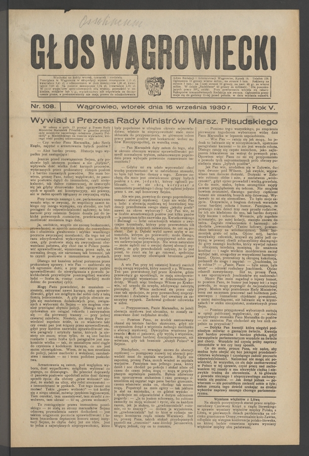 Głos Wągrowiecki. Rok&nbsp;5, 1930, numer&nbsp;108
