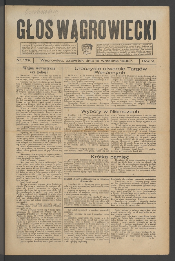 Głos Wągrowiecki. Rok&nbsp;5, 1930, numer&nbsp;109