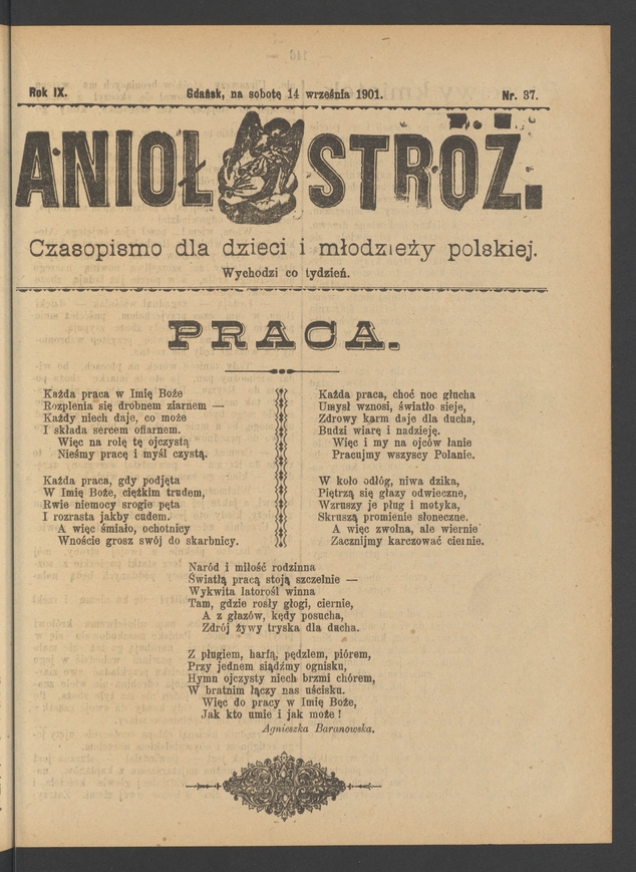 Anioł Str&oacute;ż&nbsp;: czasopismo dla&nbsp;dzieci i&nbsp;młodzieży polskiej. Rok 9, 1901, numer&nbsp;37