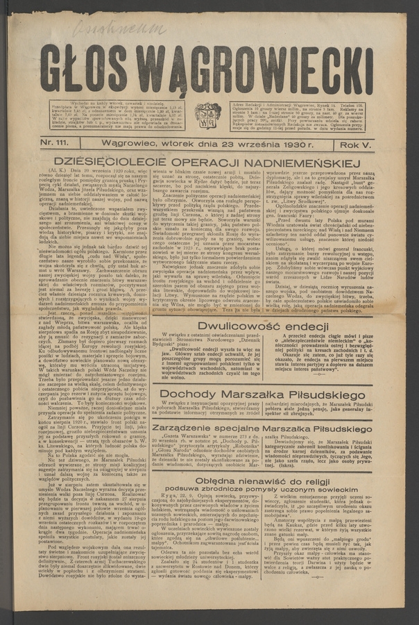 Głos Wągrowiecki. Rok&nbsp;5, 1930, numer&nbsp;111