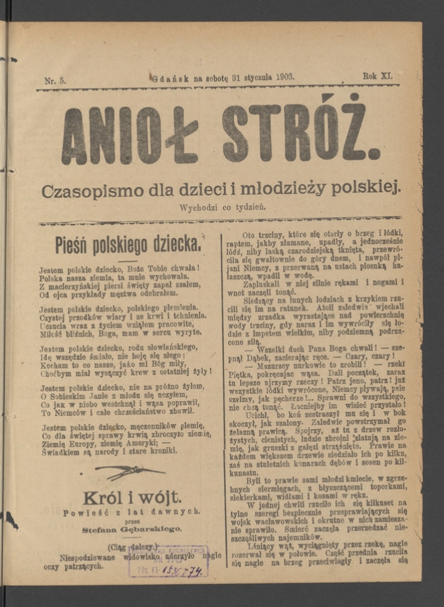 Anioł Str&oacute;ż&nbsp;: czasopismo dla&nbsp;dzieci i&nbsp;młodzieży polskiej. Rok 11, 1903, numer&nbsp;5