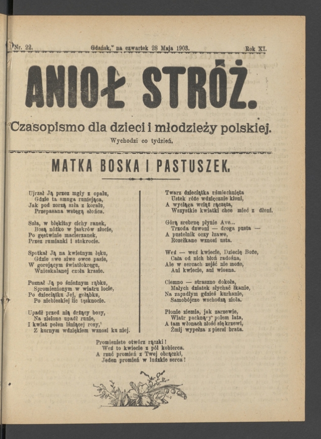 Anioł Str&oacute;ż&nbsp;: czasopismo dla&nbsp;dzieci i&nbsp;młodzieży polskiej. Rok 11, 1903, numer&nbsp;22